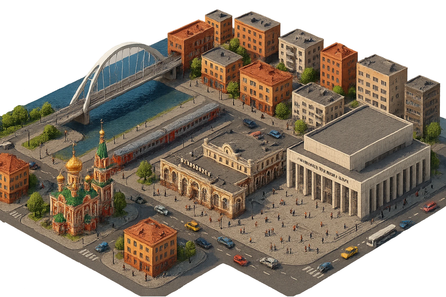 Изометричная чёткая миниатюрная фотореалистичная 3D модель панорамы Красноярска — Виноградовский мост, Благовещенская церковь, Красноярск-пассажирский, фотореалистичный Красноярский театр оперы и балета, дома, люди, автотранспорт. Вид сверху в изометрии, яркие цвета, прозрачный фон, компактная композиция. emoji