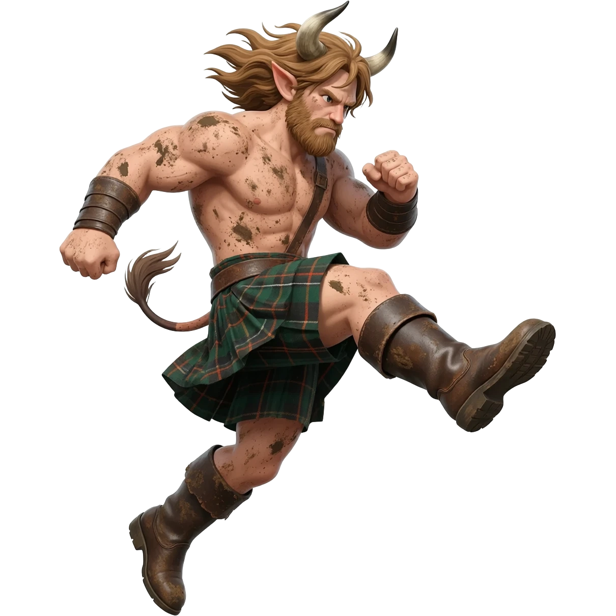 big buff curly hairy man covered in dirt with freckles with messy light brown bangs that covers his face completely with bull horns and bull ears and bull tail dressed in kilt jumped up kicking with his strong leg in boots with wind in his hair emoji