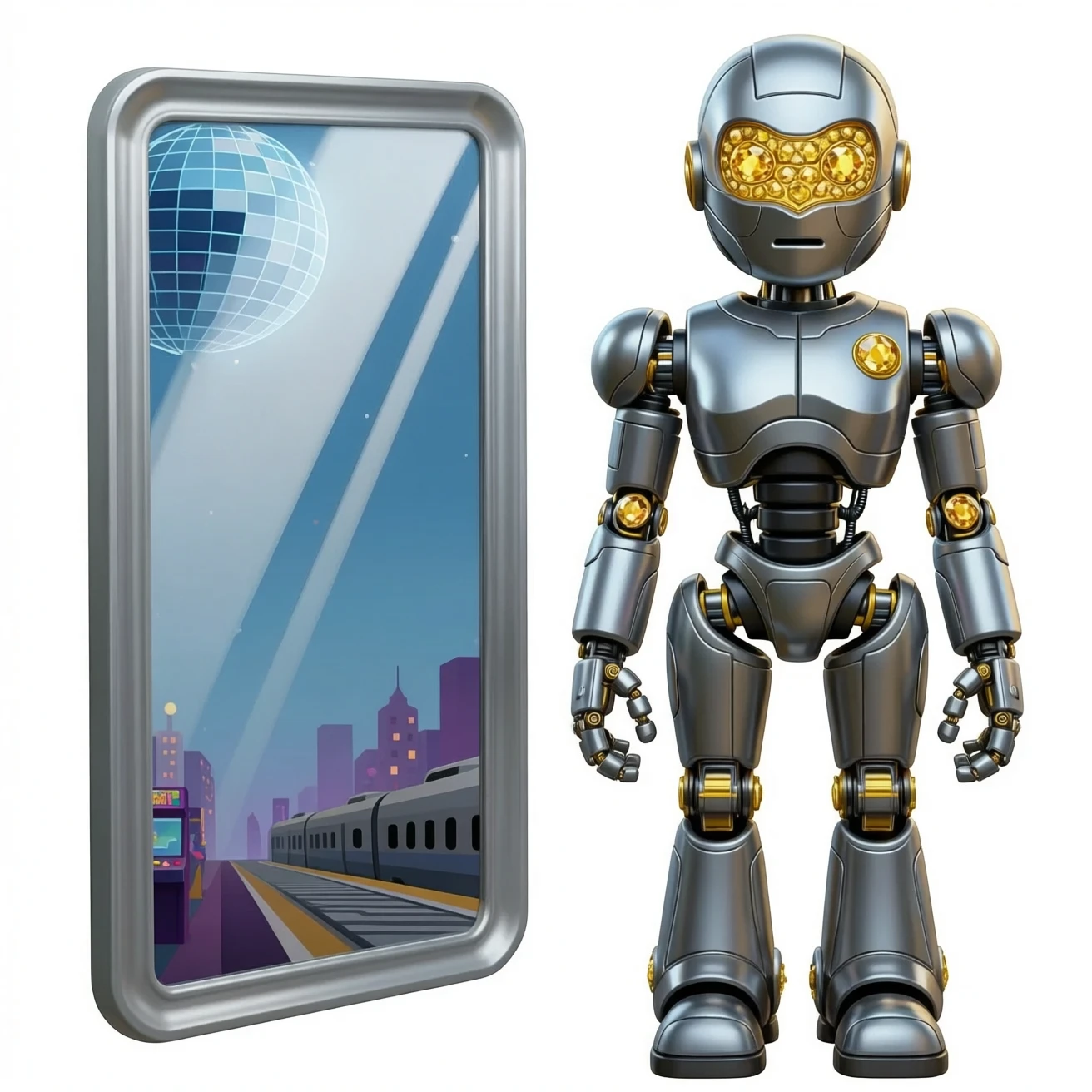 Futuristic turbo neon super robot metal  golden diamond Ruby 6000 Nike shoes hotel super 50000 metallic silver mirror basic black restaurant disco ball arcade playground lucky machine city train emoji