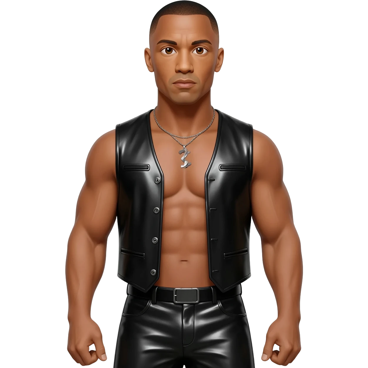 Dwayne Johnson with brown eyes, black short hair, black metallic vest, black metallic baggy pants, shirtless with necklace emoji