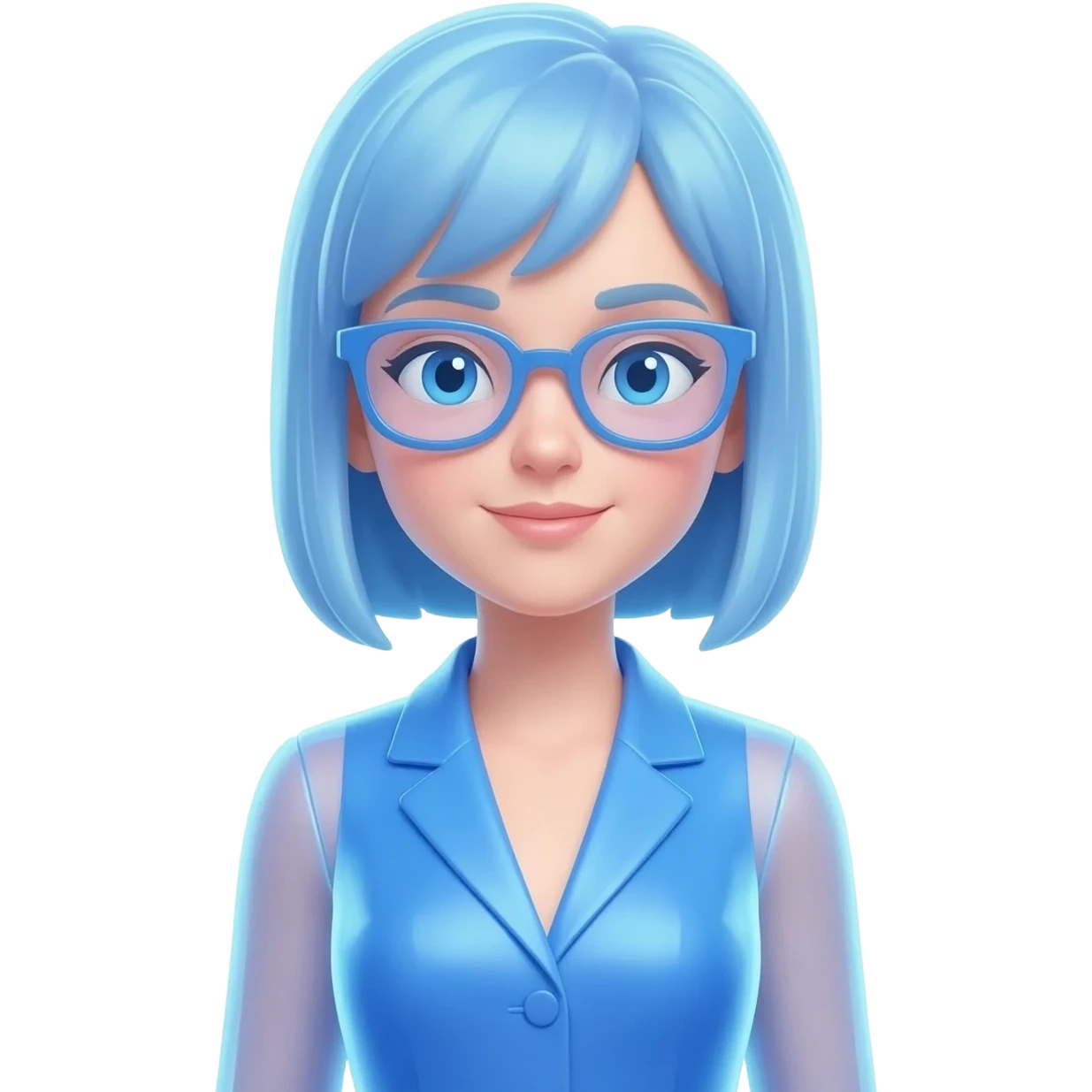 Blue translucent holographic female in a suit dress with blue glasses emoji