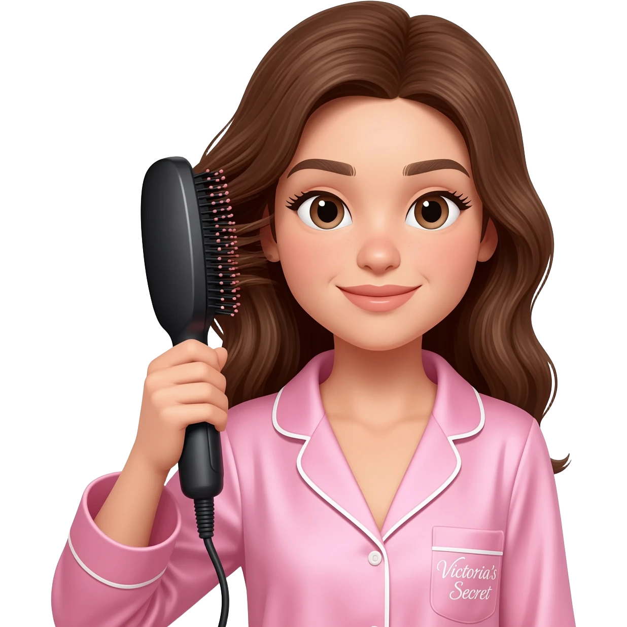 Girl in Victoria's Secret pajamas using a styling brush on her hair. emoji