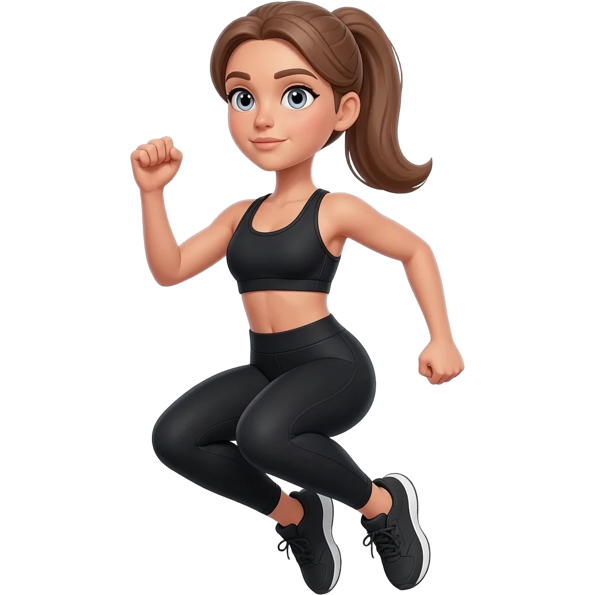 jumping jacks, fair-skinned woman, light gray-blue eyes, ash brown brows, ash light brown hair tied back, slim athletic body, black workout set emoji