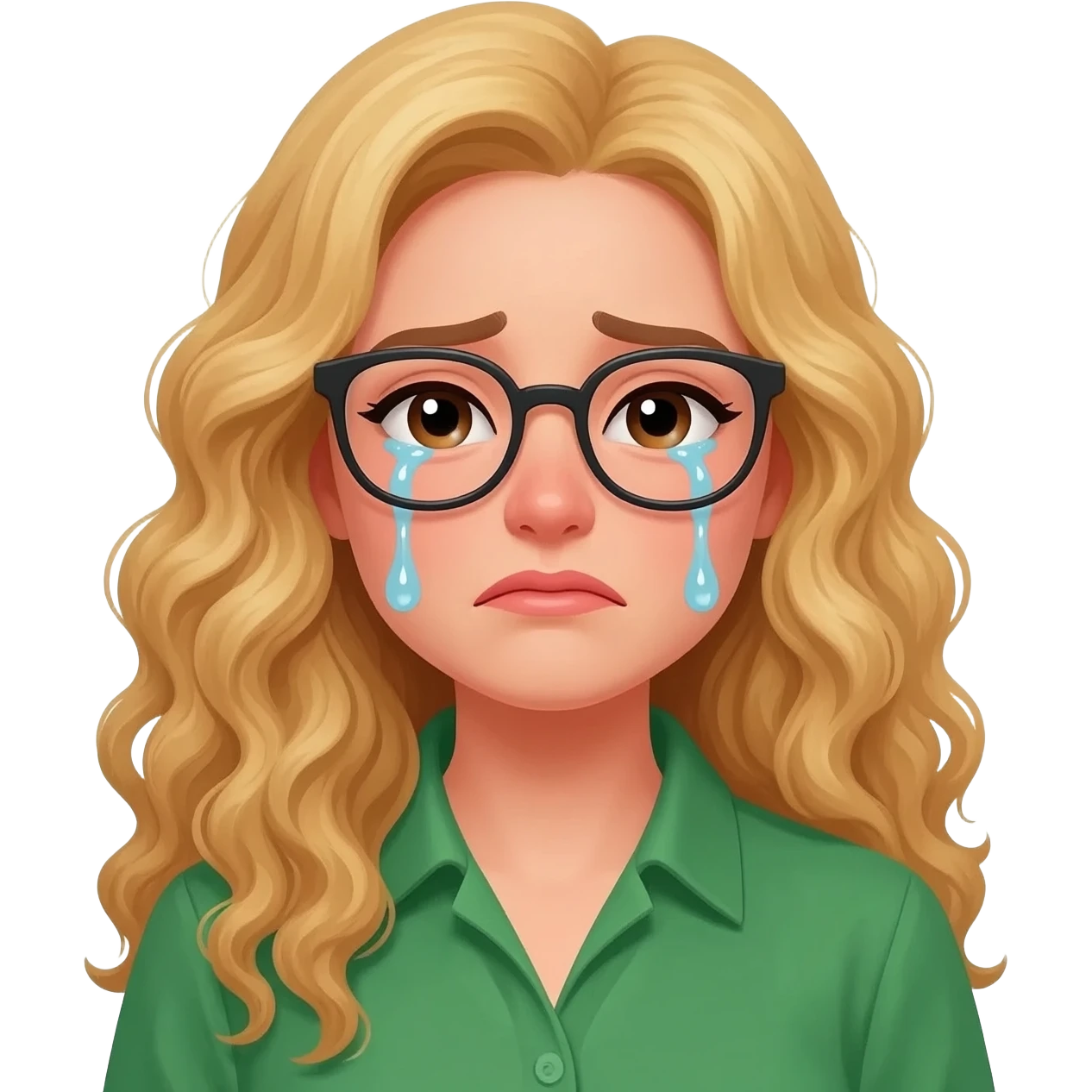 green shirt crying woman with long curly blonde hair an glasses emoji