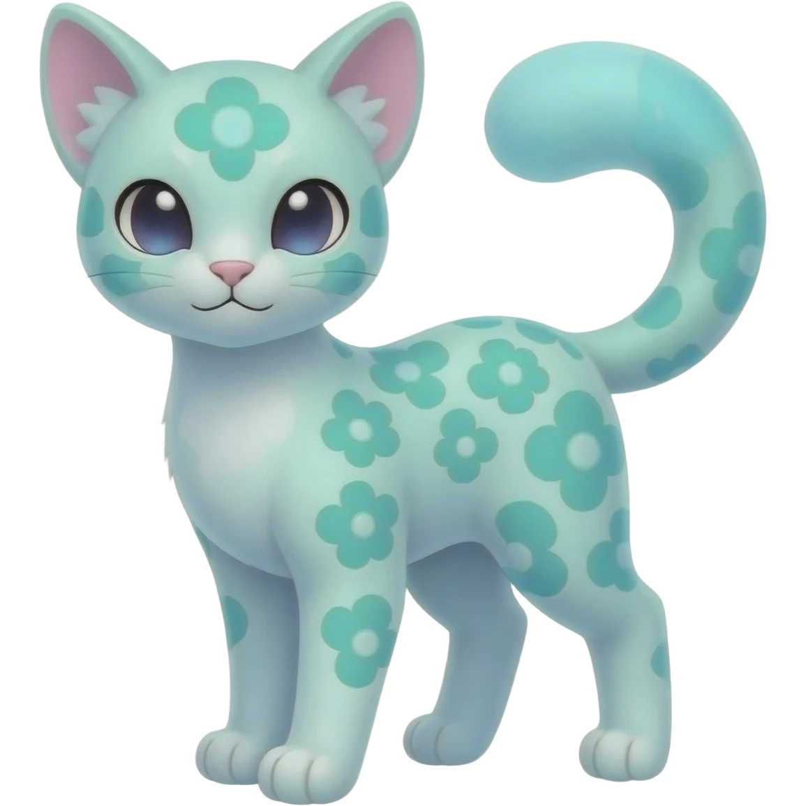 Pastel Mint-Aqua Soft-Iridescent Gentle Floral-Patterned Feline Sylveon-Liepard-hybrid-creature (full body) emoji