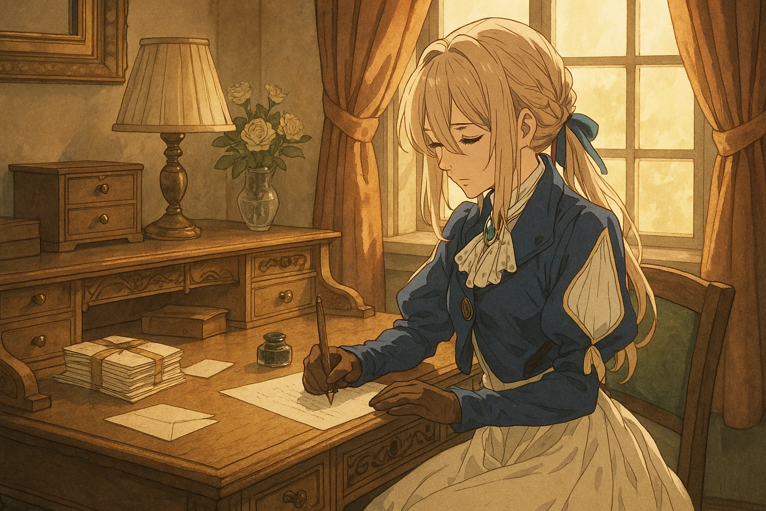 Violet Evergarden, writing a letter at a vintage desk, sunlight streaming in, original anime art style, highly detailed emoji