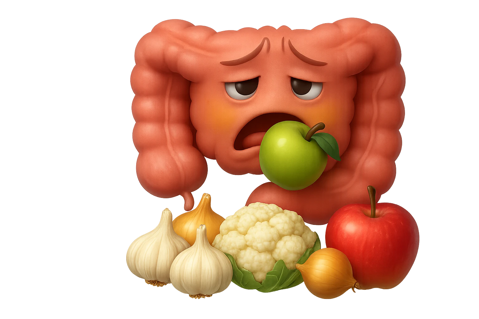 EMOJI STILE IPHONE DI UN INTESTINO UMANO IN CRISI PERCHé STA MALE, IN BOCCA HA UNA MELA E DAVANTI A LUI C'è UNA MONTAGNA DI aglio, cipolle, cavolfiore e mele, IPERREALISTICO 4K emoji