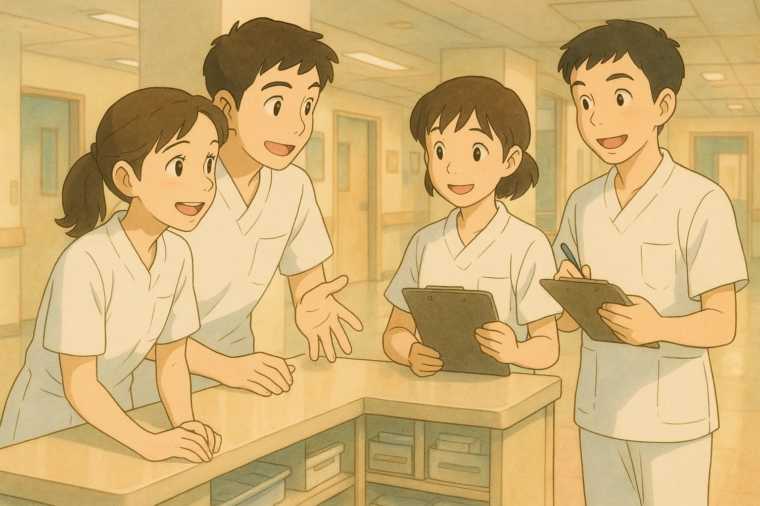 Team scene of four nursing students modeled after photos, interacting around a care station, Ghibli style. White uniforms with V-neck tunics, short sleeves, left chest pocket, no classic collar or visible accessories. Friendly atmosphere with soft hospital background. emoji