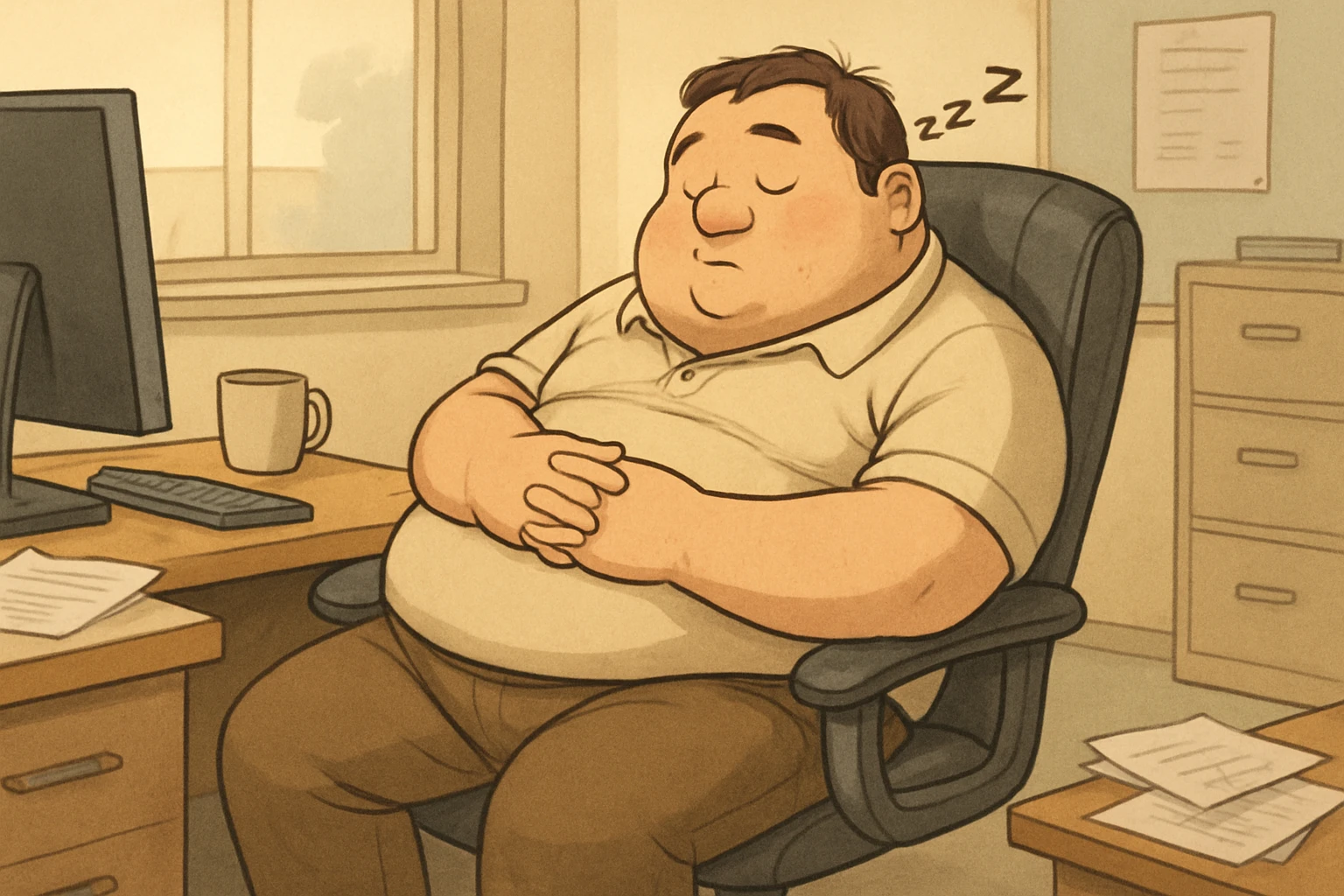 a fat man sleeping in an office chair, realistic cartoon style emoji