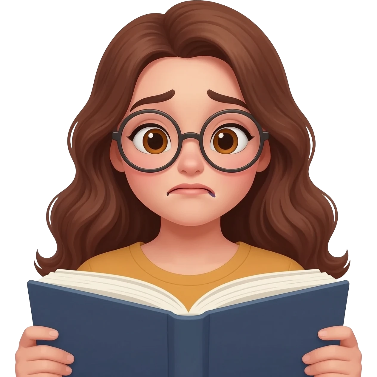 detailed emoji illustration of a curvy woman with long chestnut brown wavy hair, light brown eyes and round glasses reading a book with an emotional expression, touched by the story, emoji style emoji