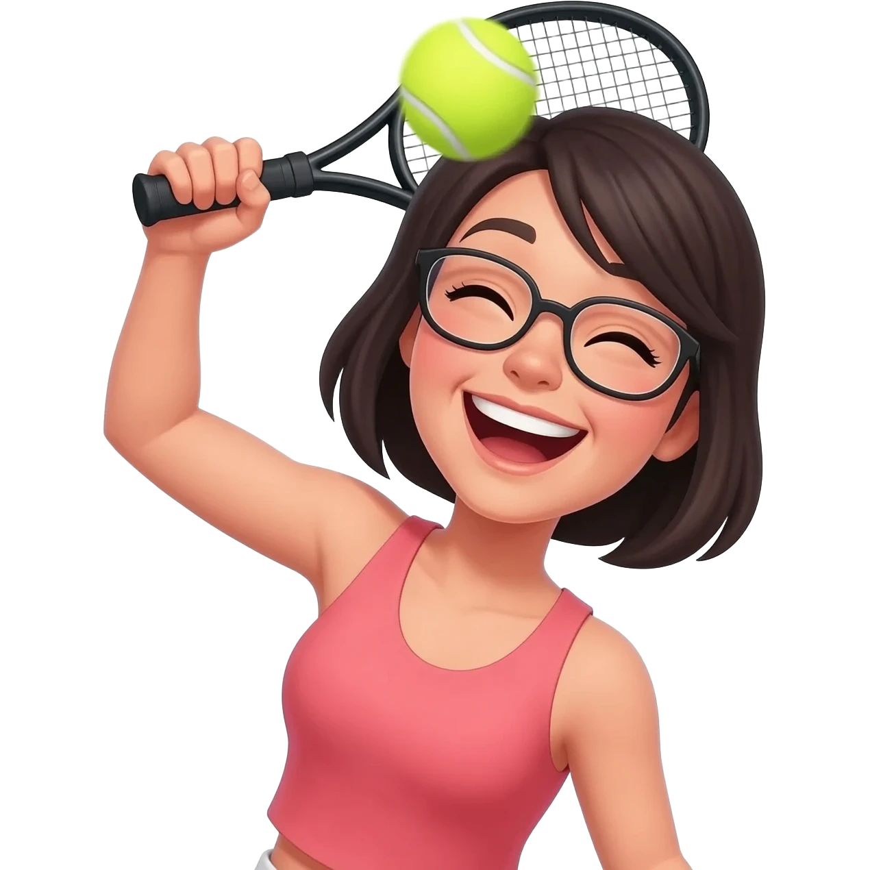 closeup picture of a female with short dark hair and glasses,  as Padel player smashing the ball, maximally hard from above her head and really enjoying it! emoji