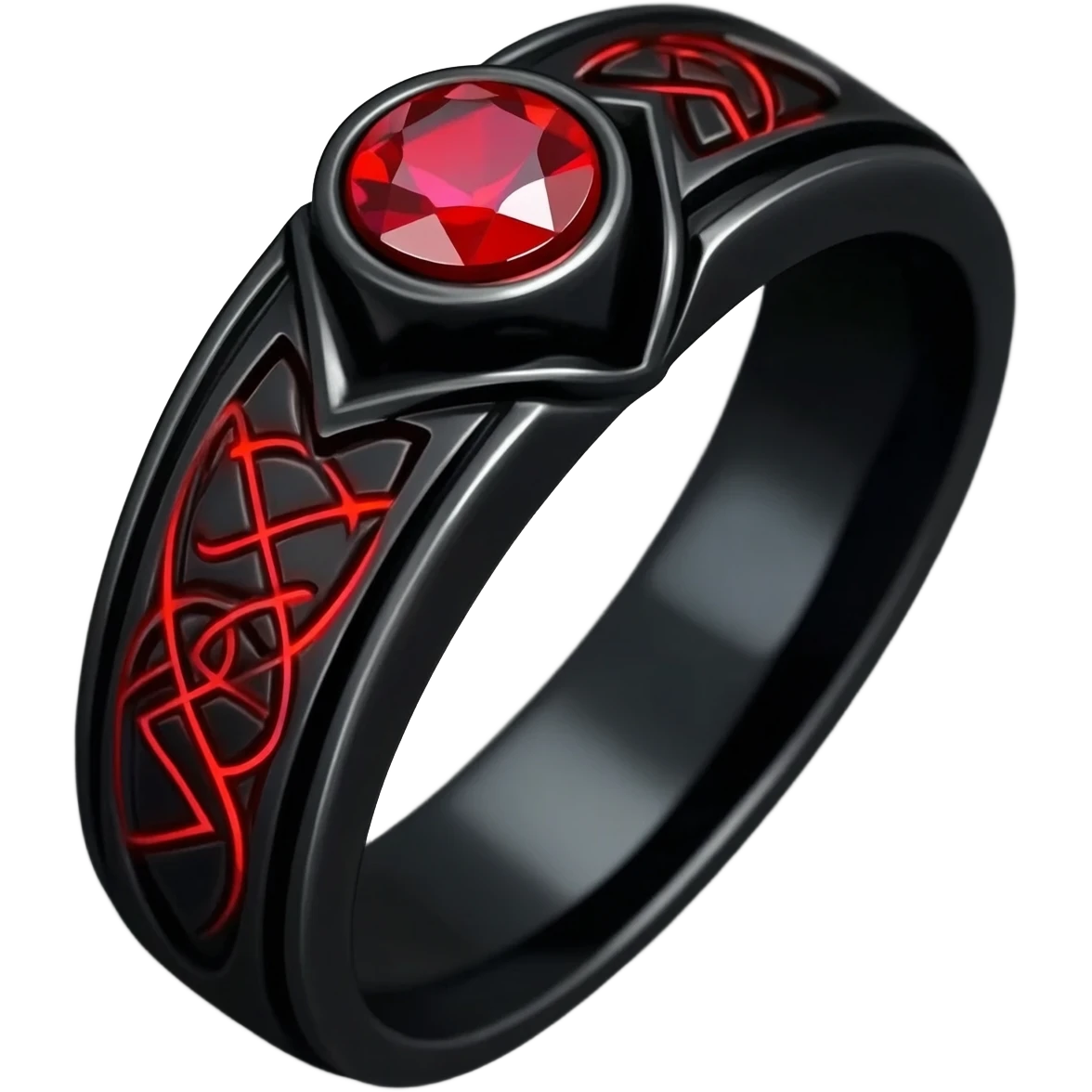 A fancy Obsidian Ring with a red gem and intricate symbols craved into the ring that glow red emoji