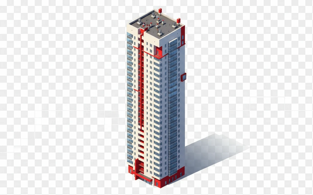 Изометричная, яркая, детализированная, объемная и фотореалистичная иллюстрация одной башни Манхэттен-2 в Челябинске. Чёткие контуры, не размазанные линии, высокое качество, прозрачный фон, не обрезать края картинки emoji