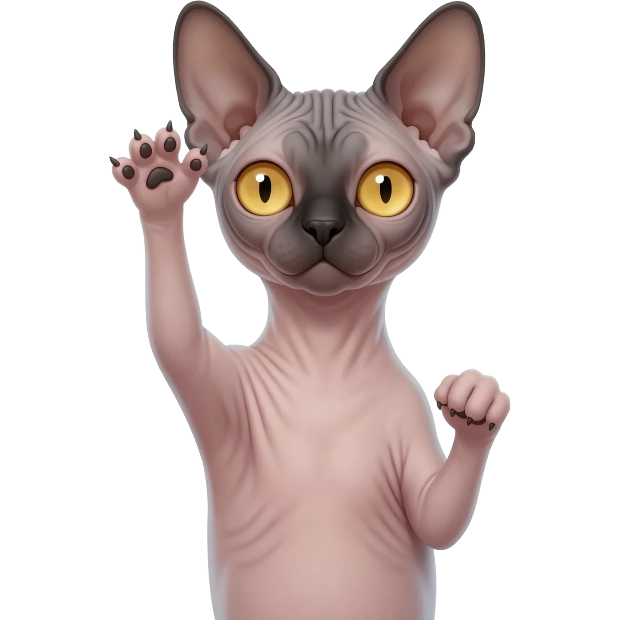 A Sphynx cat raises its front paws with claws up emoji