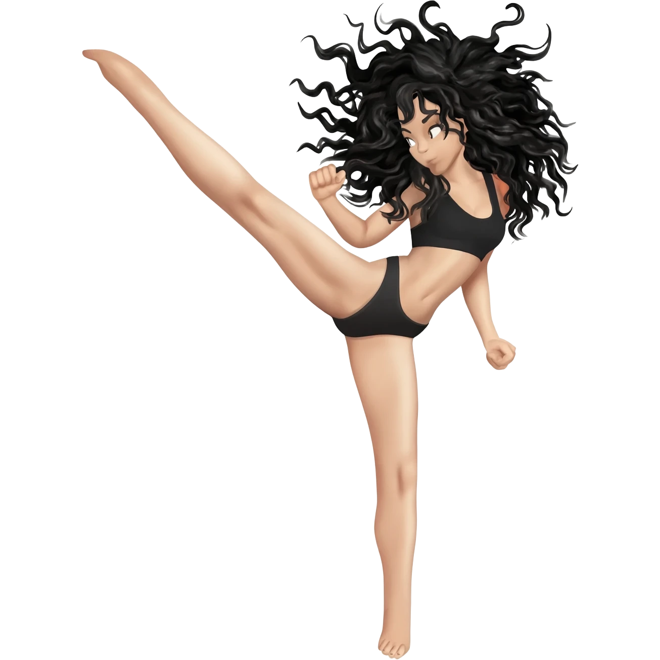 White curvy female with super wavy black hair doing a high kick emoji