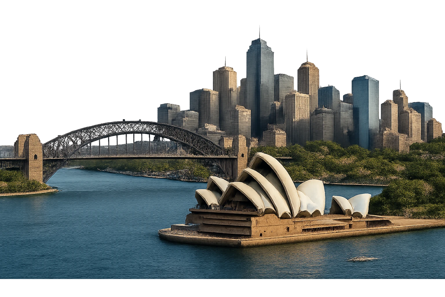 cinematic, realistic emoji of Sydney, featuring a wide city view with iconic landmarks such as the Sydney Opera House, Sydney Harbour Bridge, and the city skyline, with lifelike detail, accurate colors, bright daytime lighting, fully transparent background with no sky and no clouds emoji