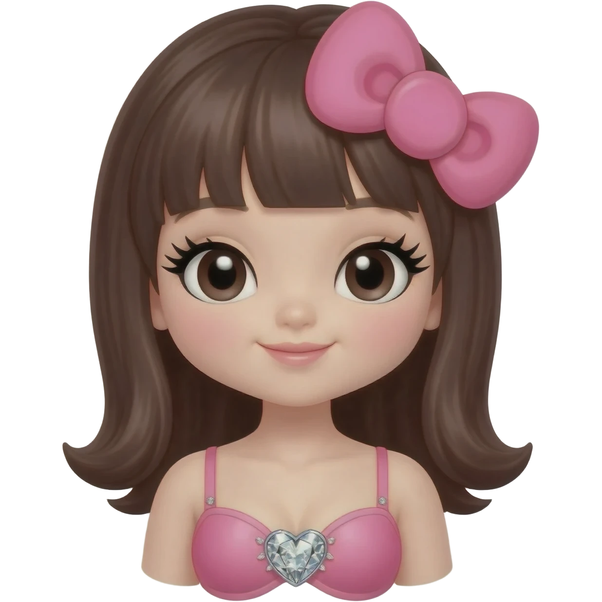 Brown hello kitty girl, Long giant lashes, Doll faced shaped,swarovski heart with light pink bra, with pink hello kitty bow, dark brown hair emoji