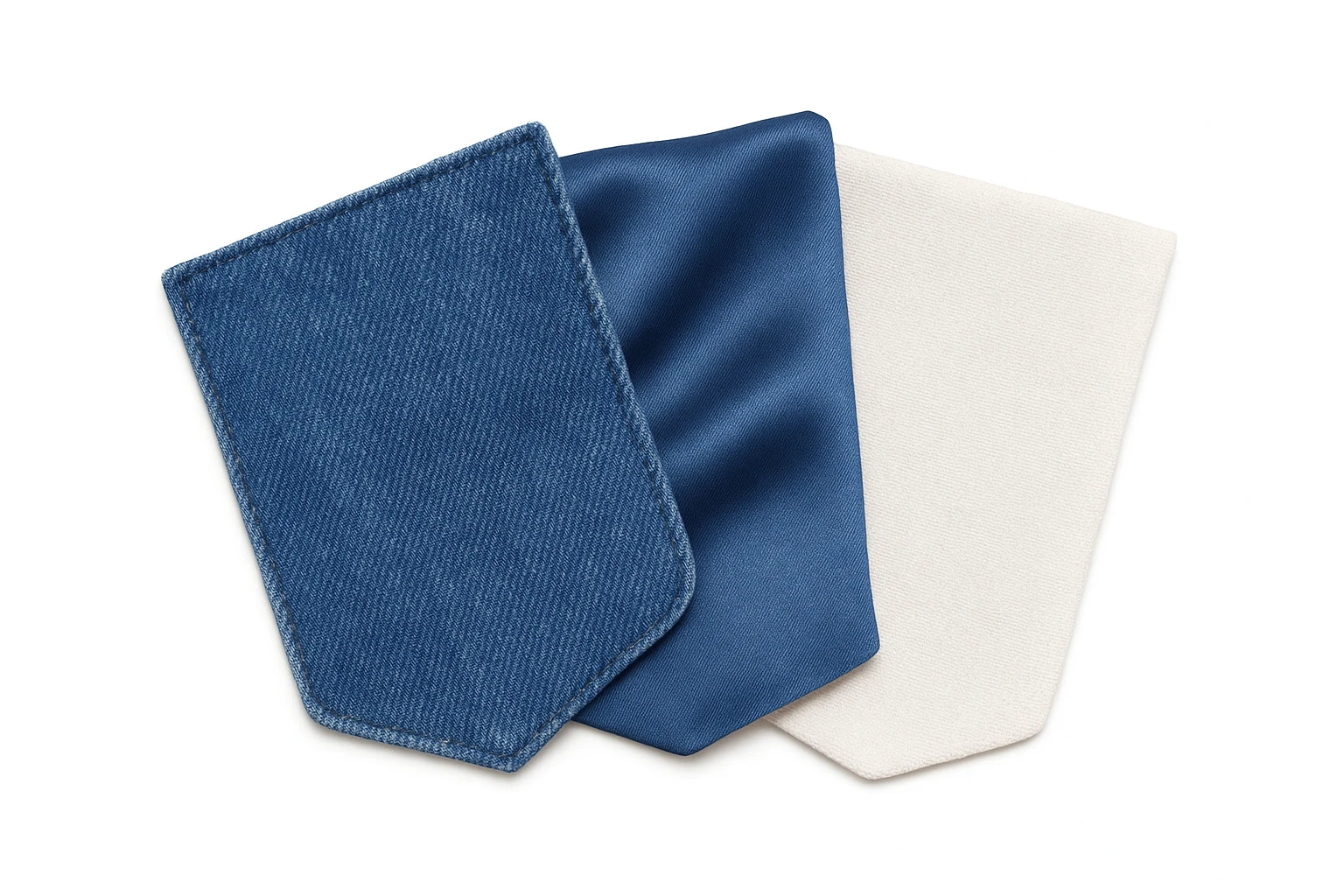 Сгенерируй мне аккуратный, но не квадратный, кусок джинсовой ткани, на чисто белом фоне. И чтобы было три разных ткани, допусти одна джинсовая, вторая шелк, третия хлопок. И они рядом с друг другом, как карты, веером

 emoji