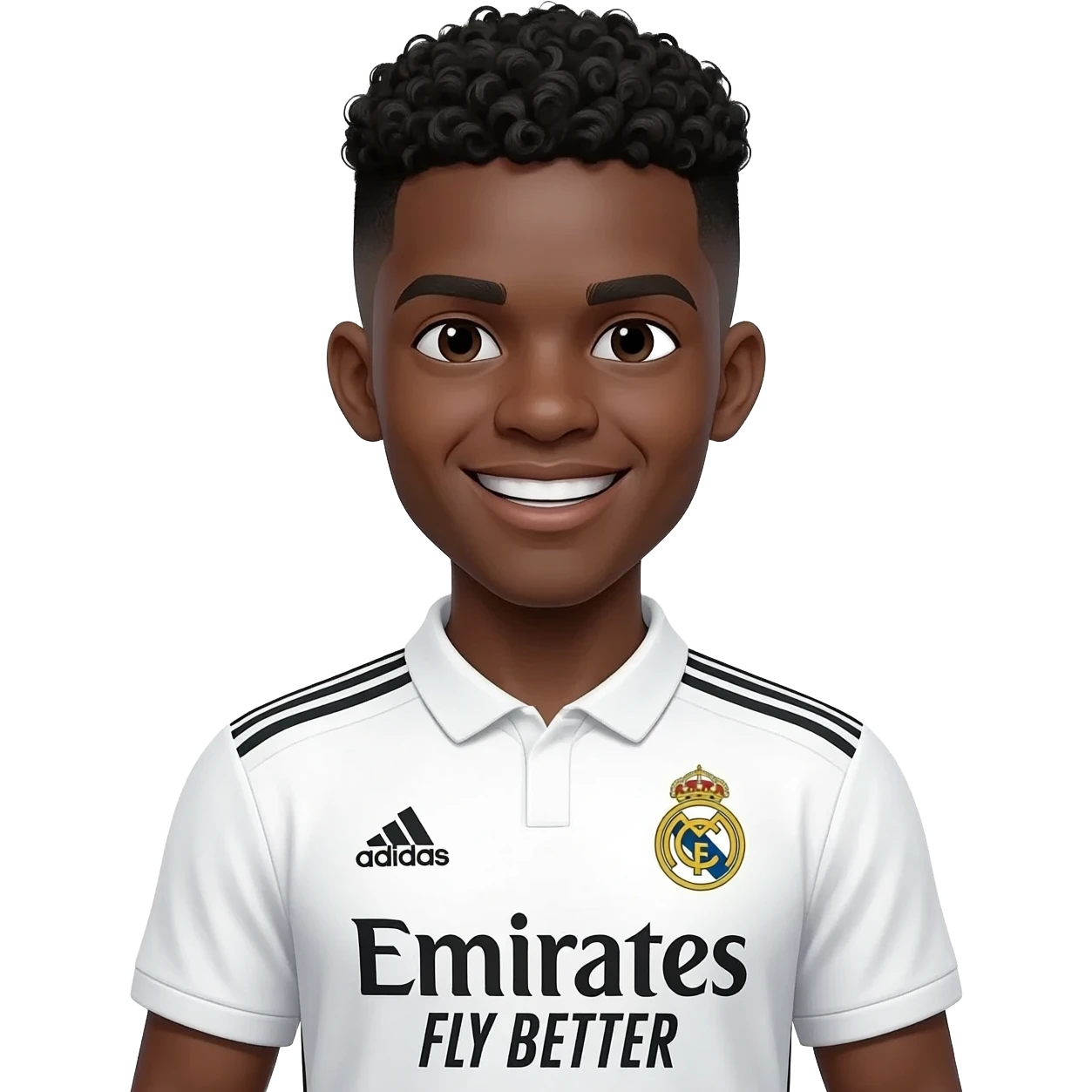 Smiling dark-skin footballer emoji with short black curly high-fade hair, big white-teeth grin, wearing a white Real Madrid jersey with black Adidas shoulder stripes, ‘Emirates Fly Better’ text on chest, small gold badge and Adidas logo.” emoji