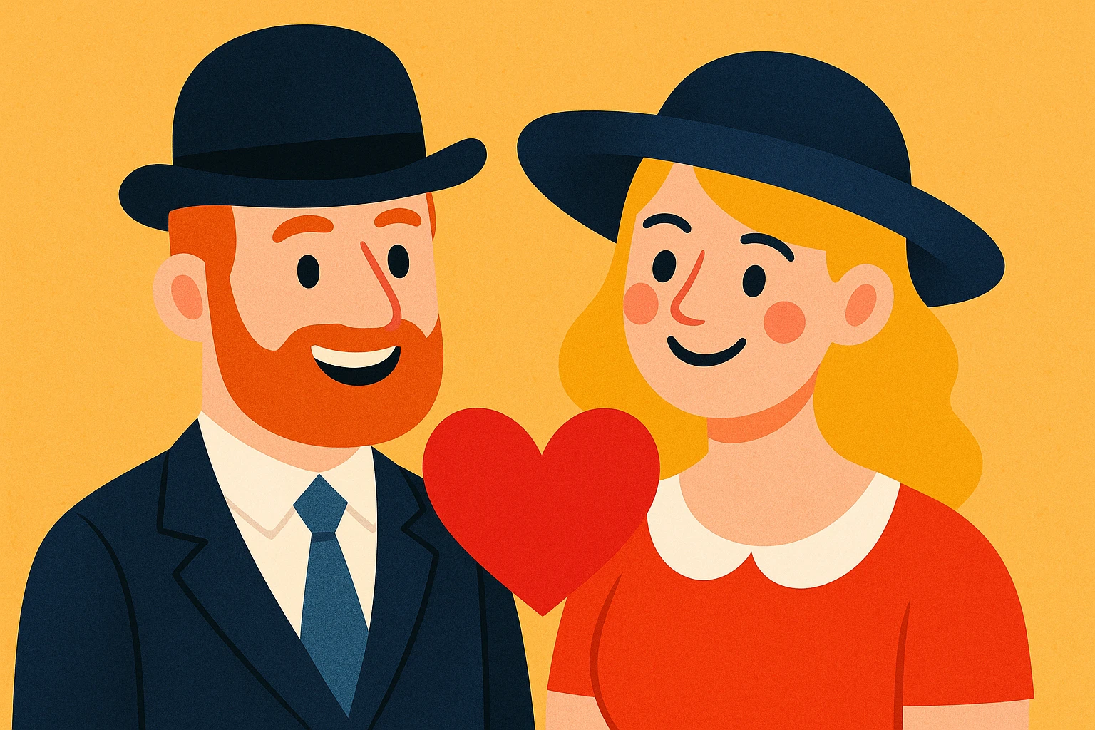 an English man and lady couple with a love heart, charming, modern illustration style emoji