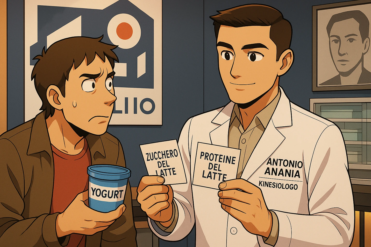 fai un webtoon manga a colori con questo stile, in cui un uomo ASCOLTA Il kinesiologo con il camice bianco (fagli anche la scritta "ANTONIO ANANIA" SUL CAMICE, IL KINESIOLOGO SPIEGA ALL'UOMO UNA COSA TENENDO DUE FOGLIETTINI IN MANO, UNO CON LA SCRITTA "ZUCCHERO DEL LATTE" E UNA CON LA SCRITTA "PROTEINE DEL LATTE". L'UOMO OSSERVA LO YOGURT CHE HA IN MANO CON ESPRESSIONE DUBBIOSA IN VOLTO. non fare i fumetti però, fai solo in modo che sembri stiano parlando emoji