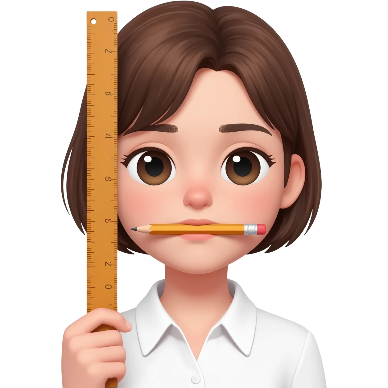 Girl with a pencil horizontally under her chin and a ruler held vertically from her ear downwards emoji