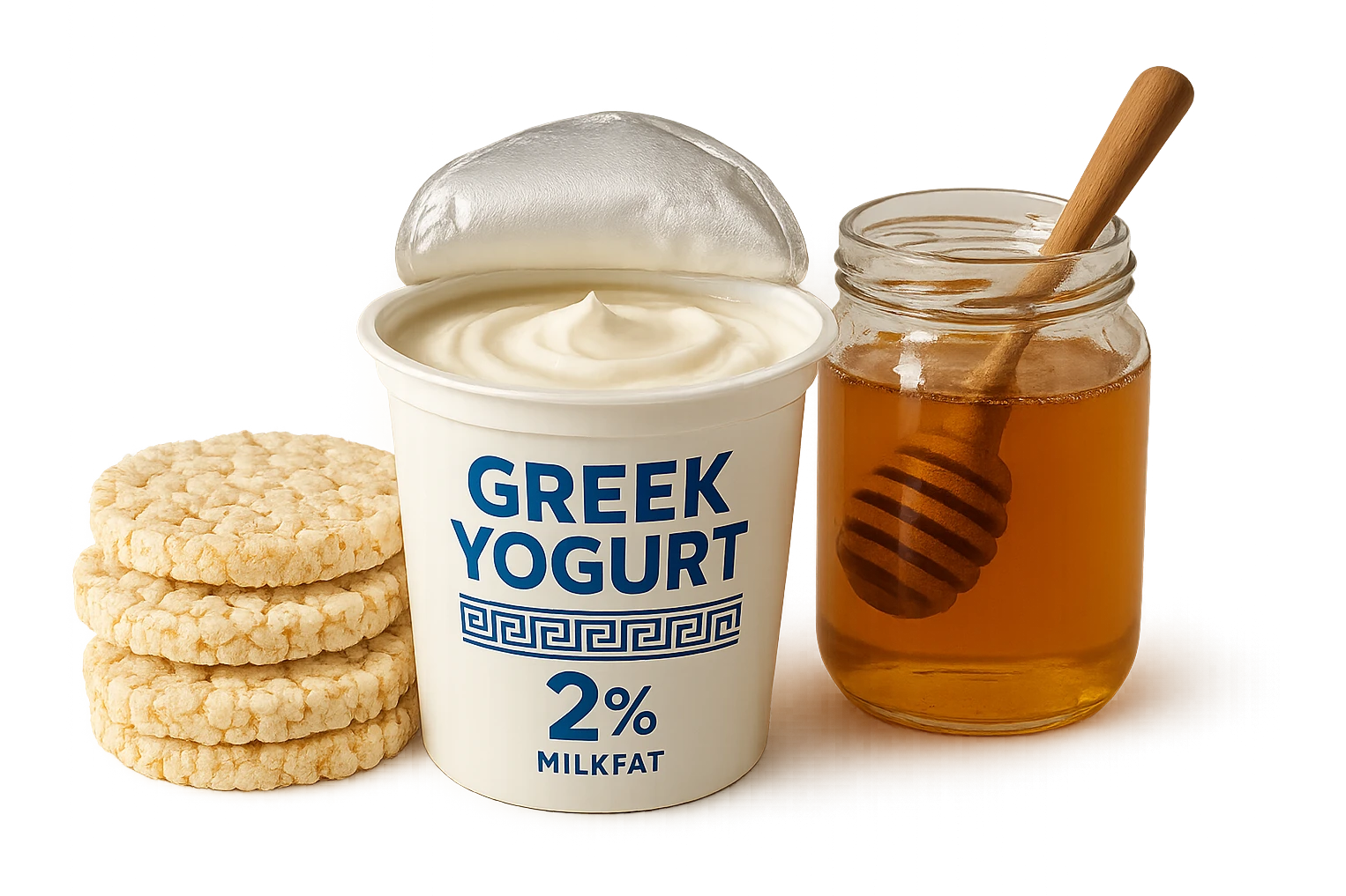 Yogurt Greco 2%
Miele
Gallette di Riso
vista frontale, iperrealistico 4k emoji
