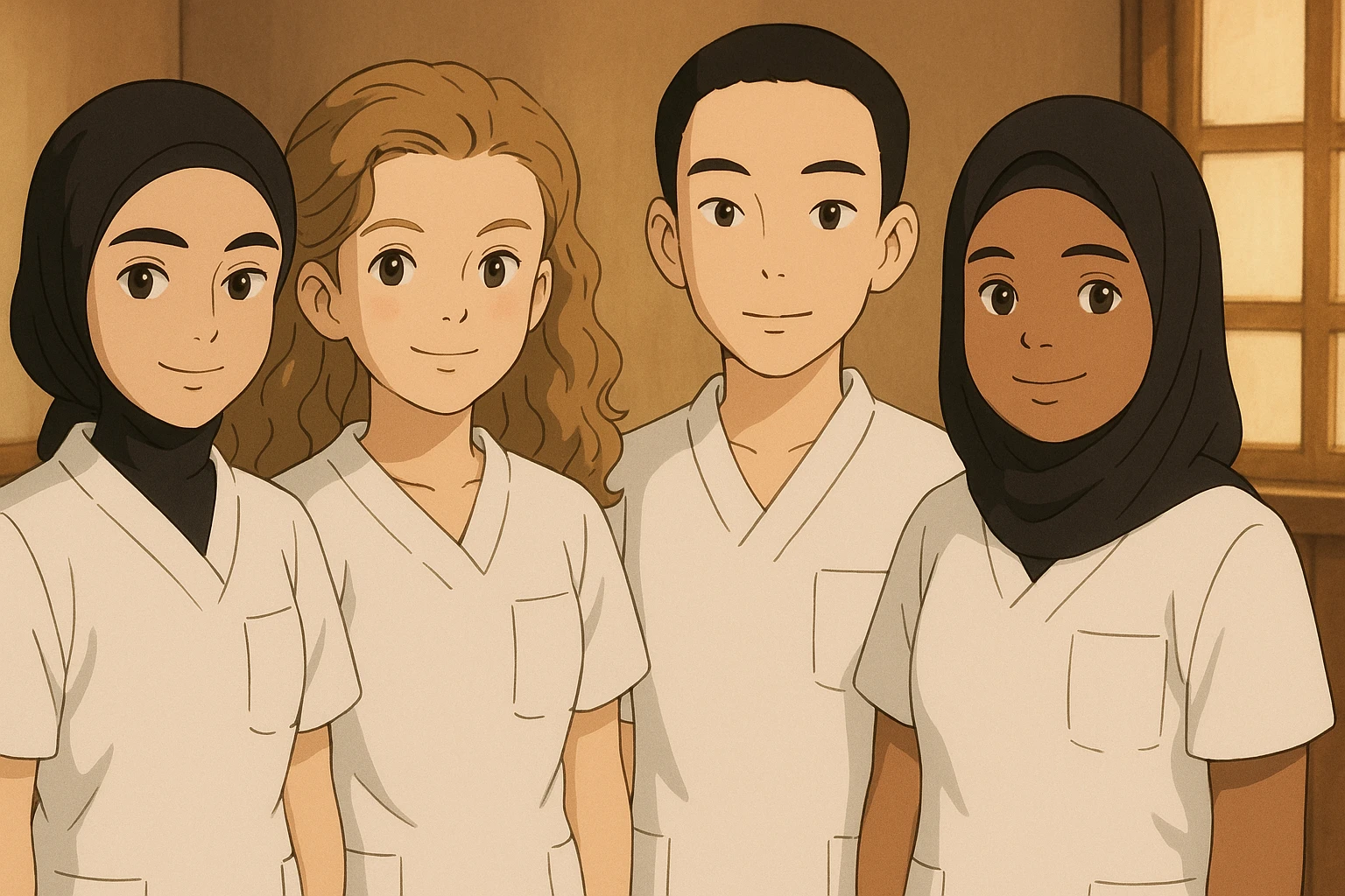 Four nursing students standing side by side indoors, each wearing a white short-sleeved uniform with a V-neck medical tunic, left chest pocket, no collar stand, no stethoscope, nothing protruding from the sleeves, warm ambiance, no feet visible. emoji