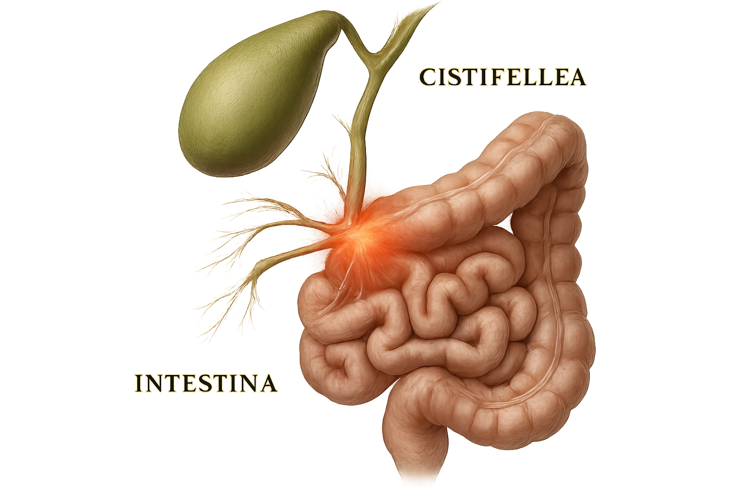 CISTIFELLEA E INTESTINO SONO COLLEGATI NEL DOLORE, iperrealistico 4k emoji
