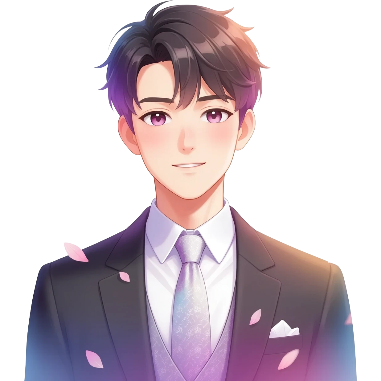 Gorgeous romantic anime style Asian formal modern gentlemanly guy with pretty hair and flower petals and blushing face aesthetic trending style with colorful gradient colors  pastelcore cottagecore kawaiicore emoji