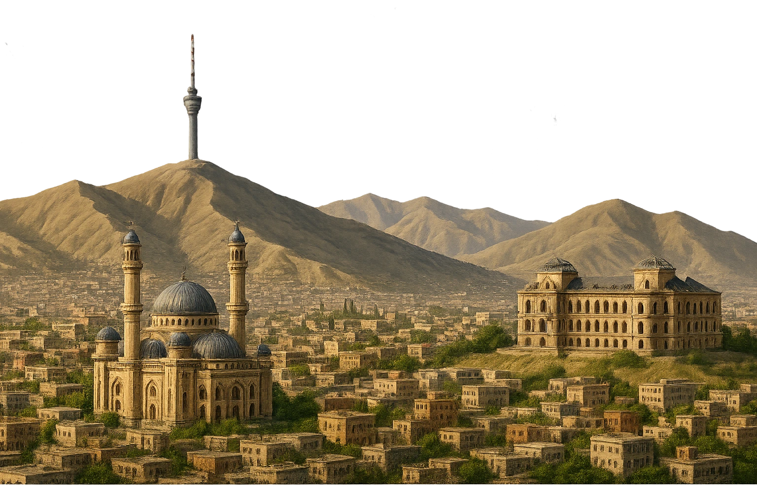 cinematic, realistic emoji of Kabul, wide city view with iconic landmarks Abdul Rahman Mosque, Darul Aman Palace, Kabul TV Tower, surrounding mountains, lifelike detail, accurate colors, bright daytime lighting, fully transparent background, no sky, no clouds emoji