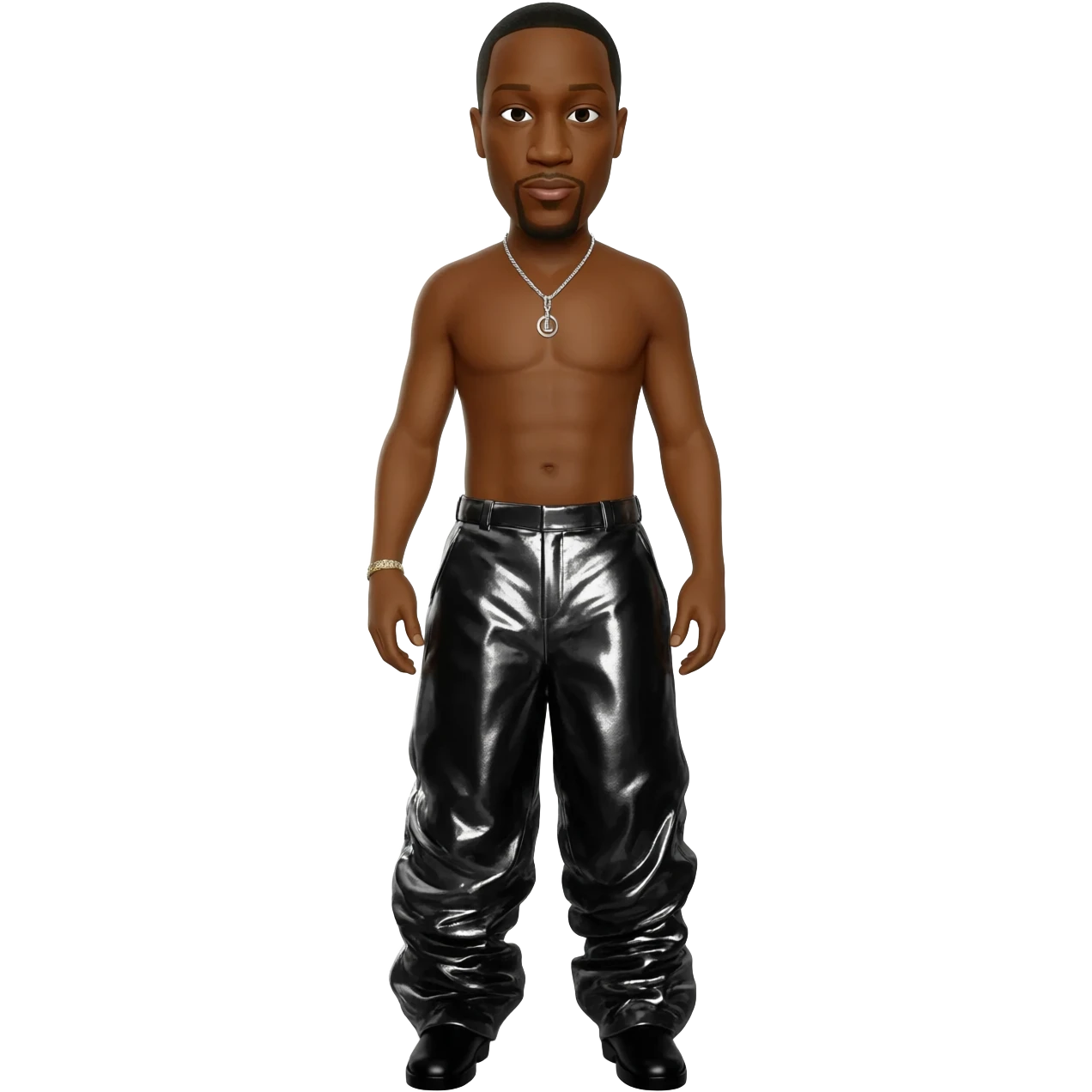 Jay-Z with black metallic baggy pants, shirtless with necklace emoji