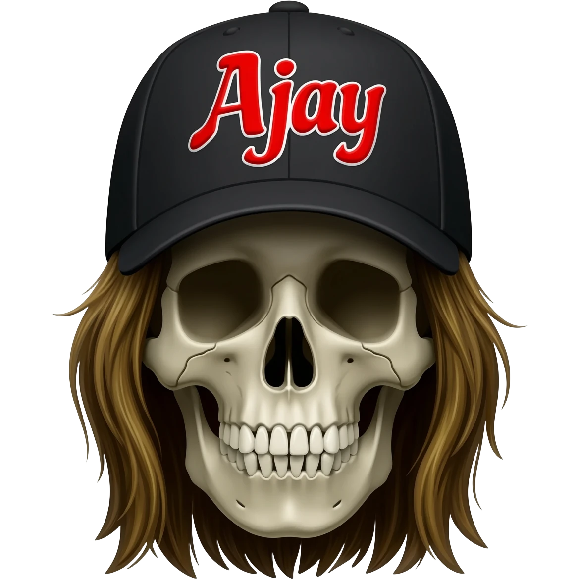 Create a skeleton head wearing a black baseball cap that says "Ajay" in red lettering, with long dark blonde hair emoji