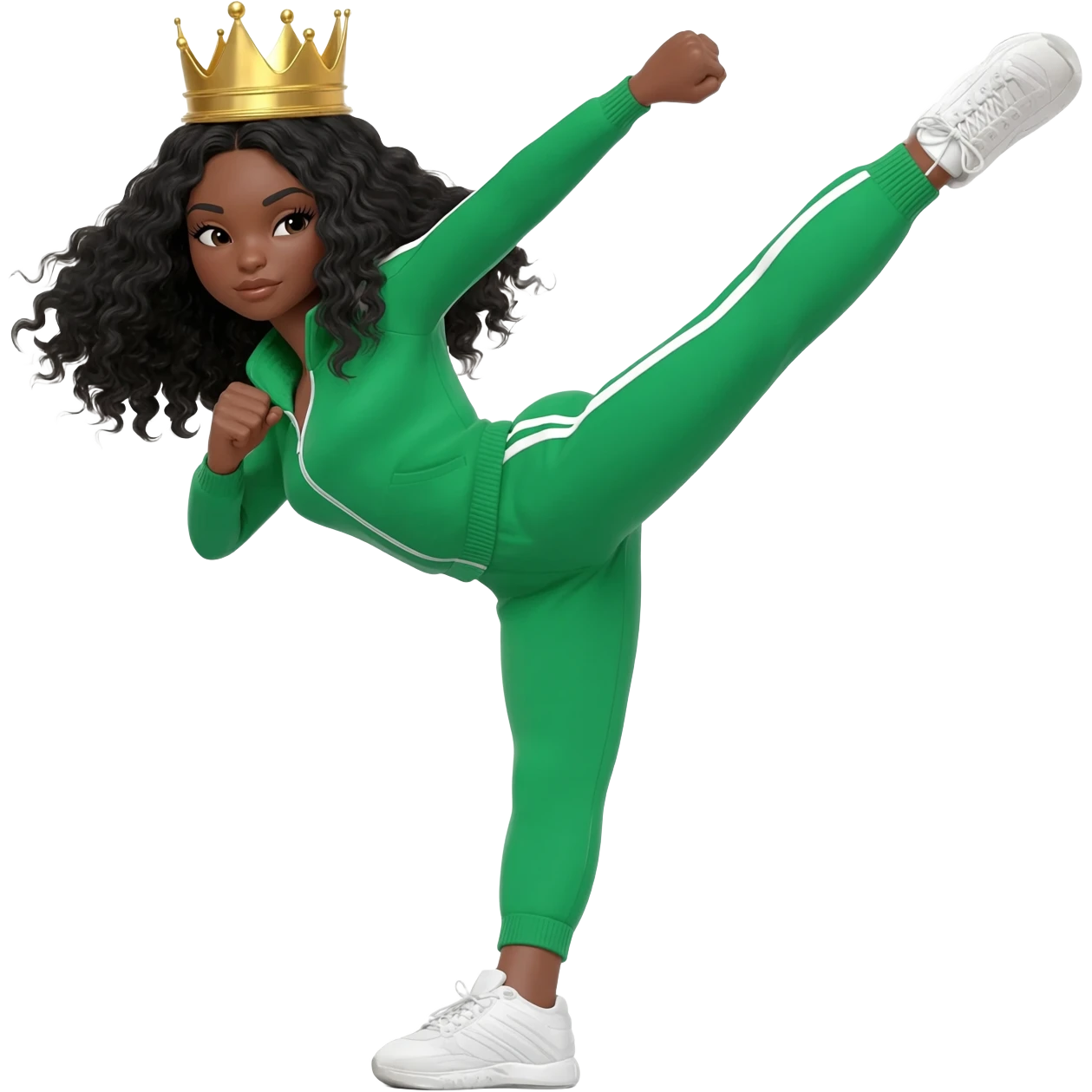 White curvy female with super wavy black hair wearing a crown and doing a high kick wearing a green track suit emoji