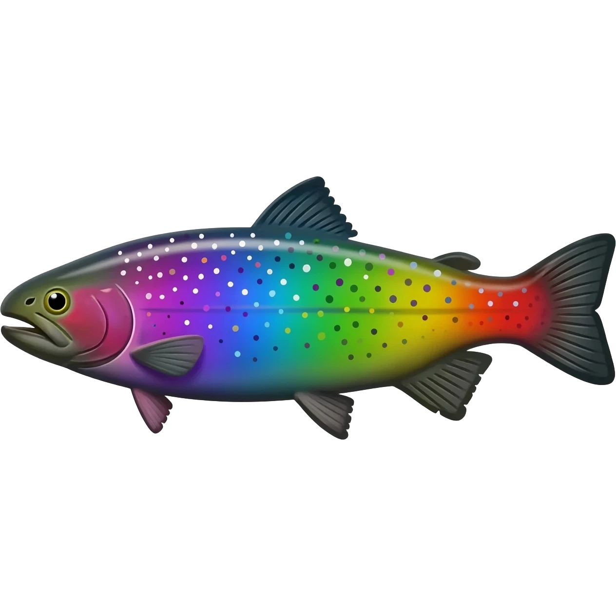 whole rainbow trout fish with spots facing left bright purple blue green yellow white emoji