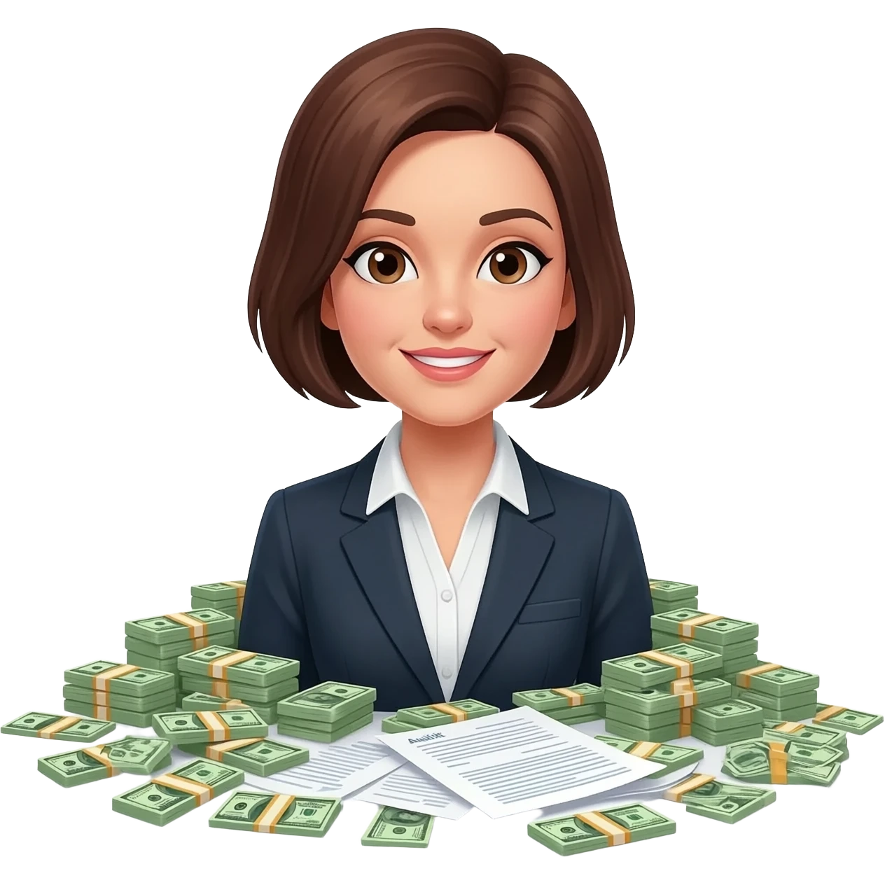 Brown haired woman with money and audit rules around her emoji