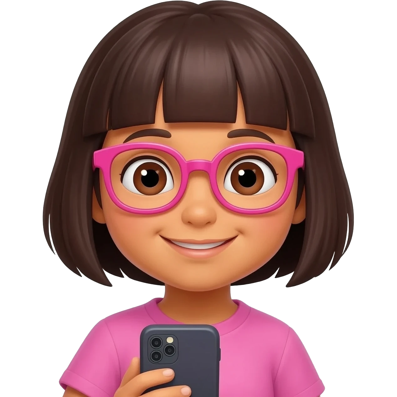 Young girl who looks like dora with bangs and bob hair but has hot pink colored glasses, make the girl hold a phone emoji