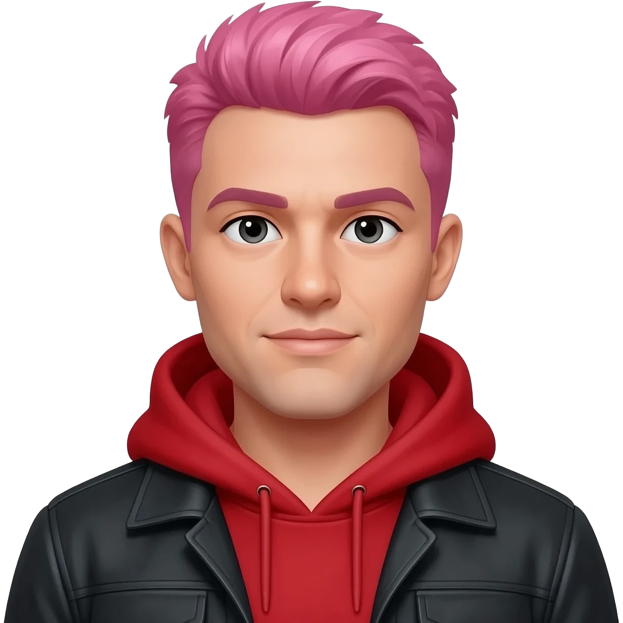 A guy is pink hair that wears a red hoodie under a black jacket emoji