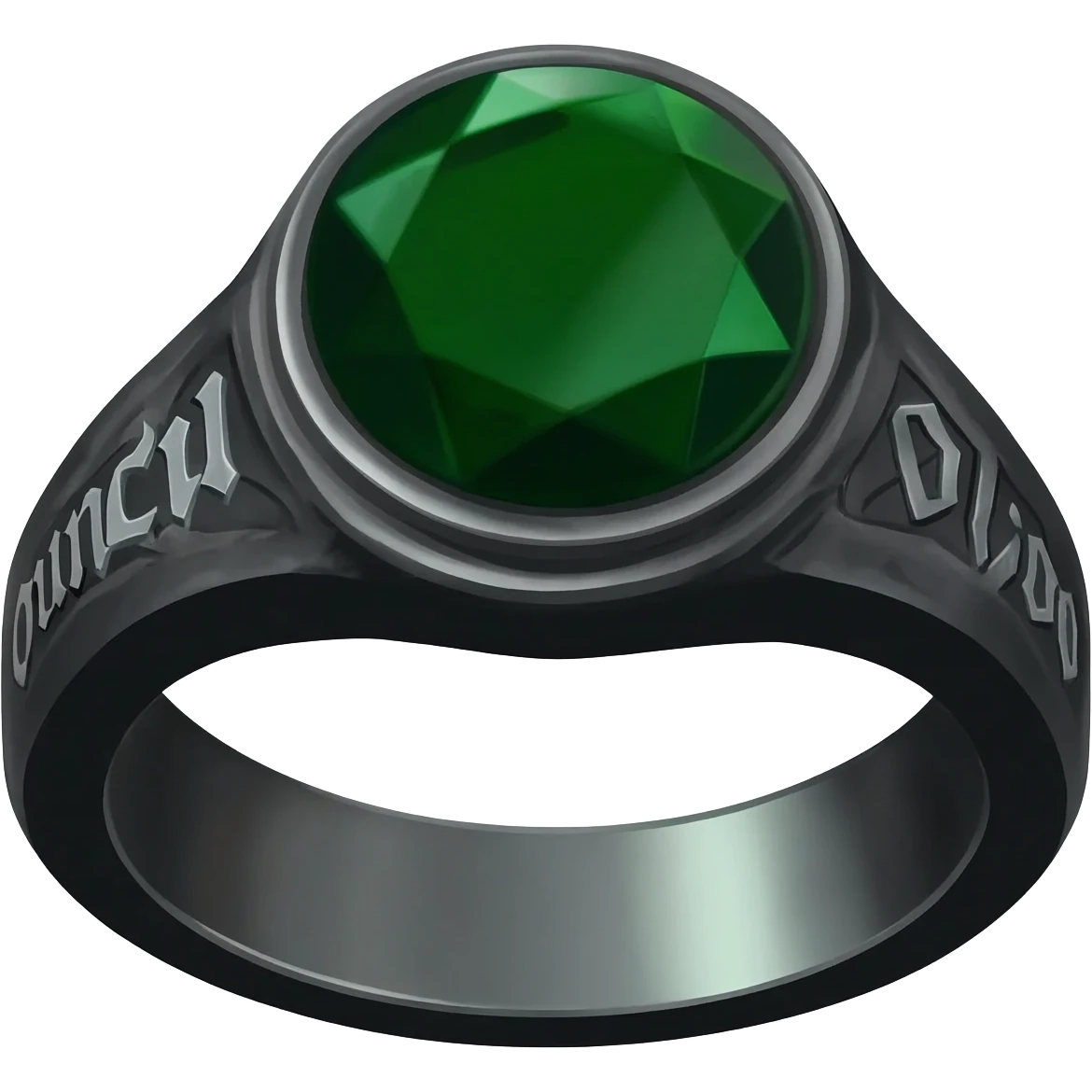 A Obsidian ring, with a dark GREEN gem, make it have a faint tint of a sage , make the rest of the ring have Norse that spell Council emoji