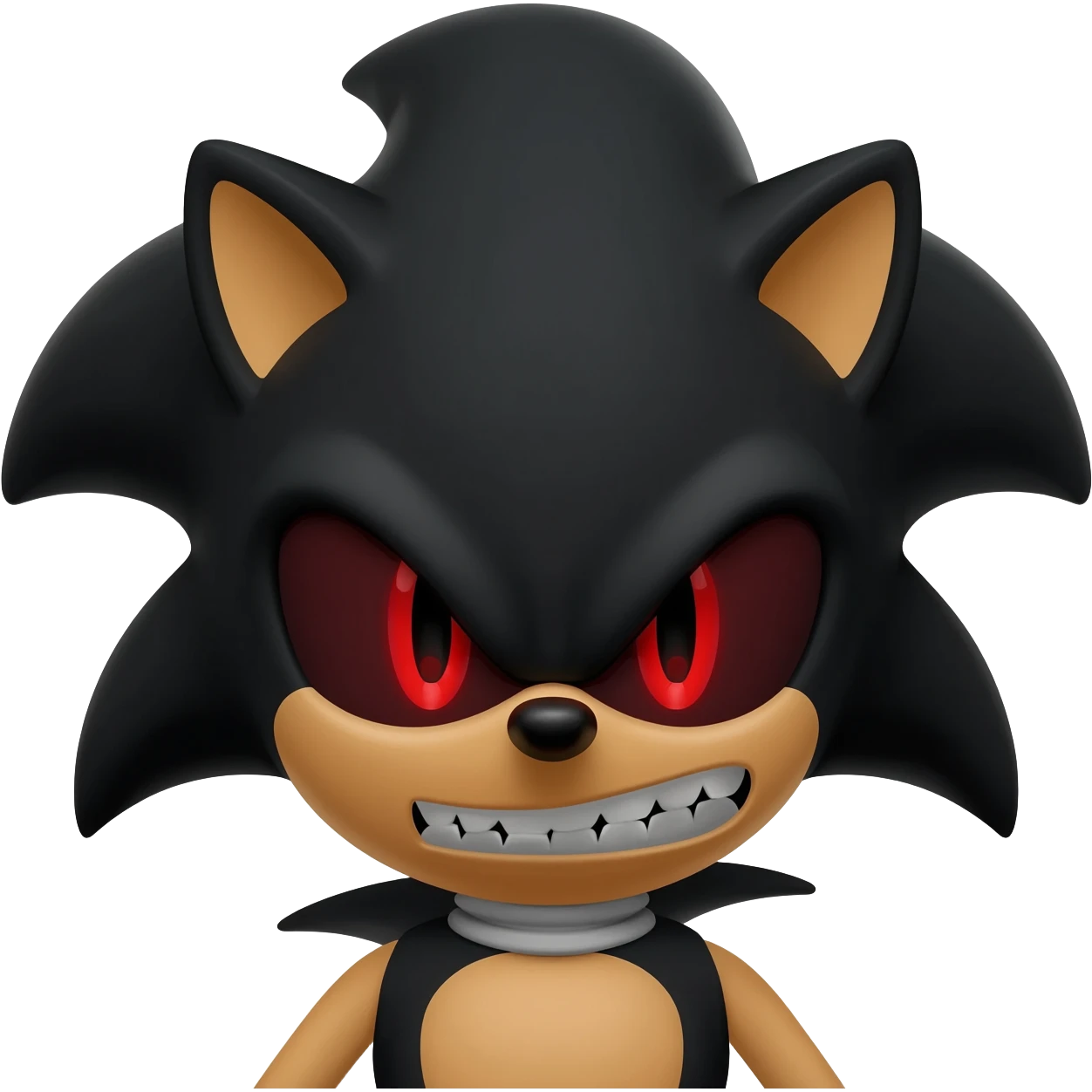 sonic exe, sharp evil teeth, pitch black eyes, red pupils, evil emoji