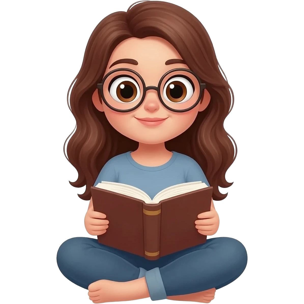 detailed emoji illustration of a curvy woman with long chestnut brown wavy hair, big light brown eyes and round glasses, sitting cross-legged and reading a book, cute emoji style emoji
