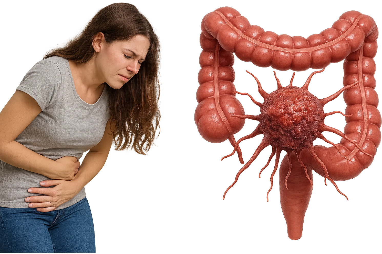 donna giovane piegata in avanti con mal di pancia e cellula tumorale che danneggia il colon, iperrealistica 4k emoji