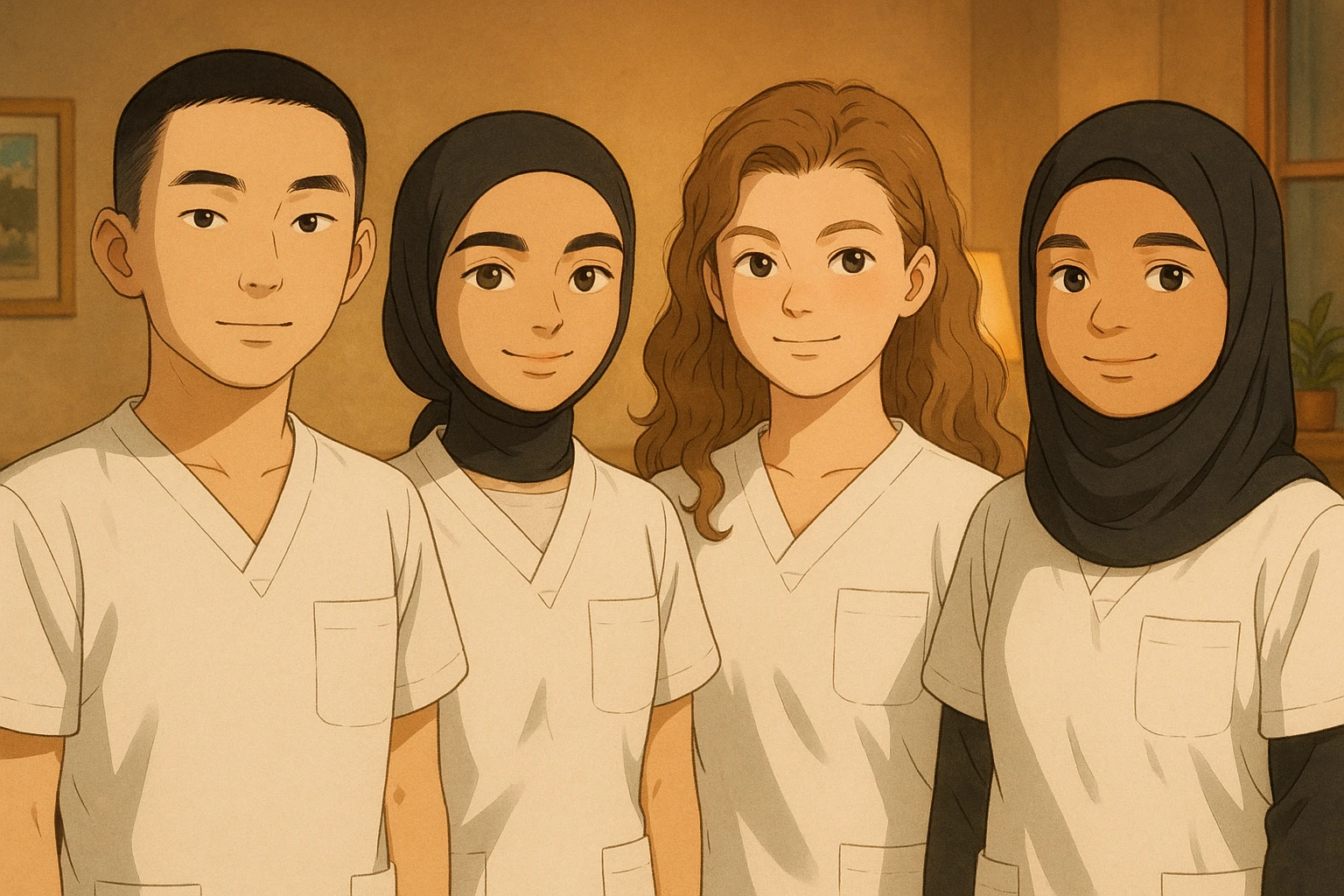 Portrait of four nursing students side by side in a warm indoor setting, wearing white short-sleeved uniforms with V-neck collars and left chest pockets. No undershirts or medical accessories. Variations in lighting and indoor decor, Ghibli style. emoji