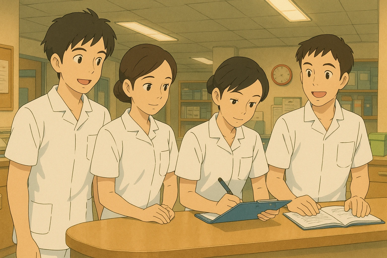 Group of four nursing students, inspired by photos, in a care station, Ghibli style, white medical tunics with short sleeves, V-neck collar, left chest pocket, no stethoscopes or clothing under sleeves, professional and friendly atmosphere. emoji