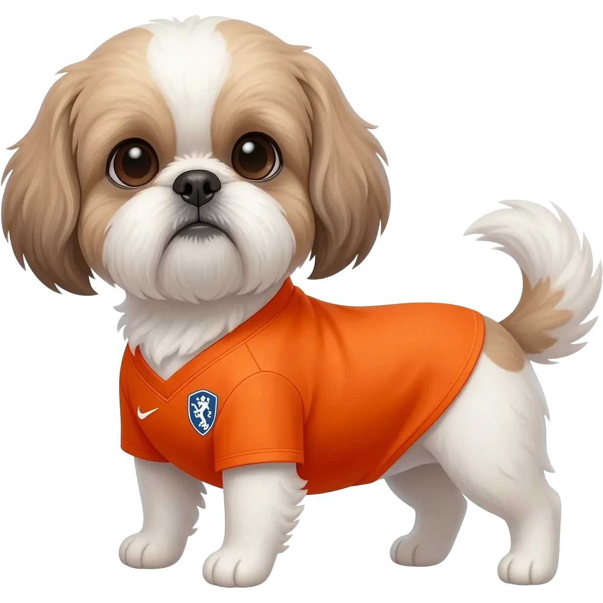 white and light brown shih zhu wearing a Netherland soccer jersey v neck 2026 work cup emoji