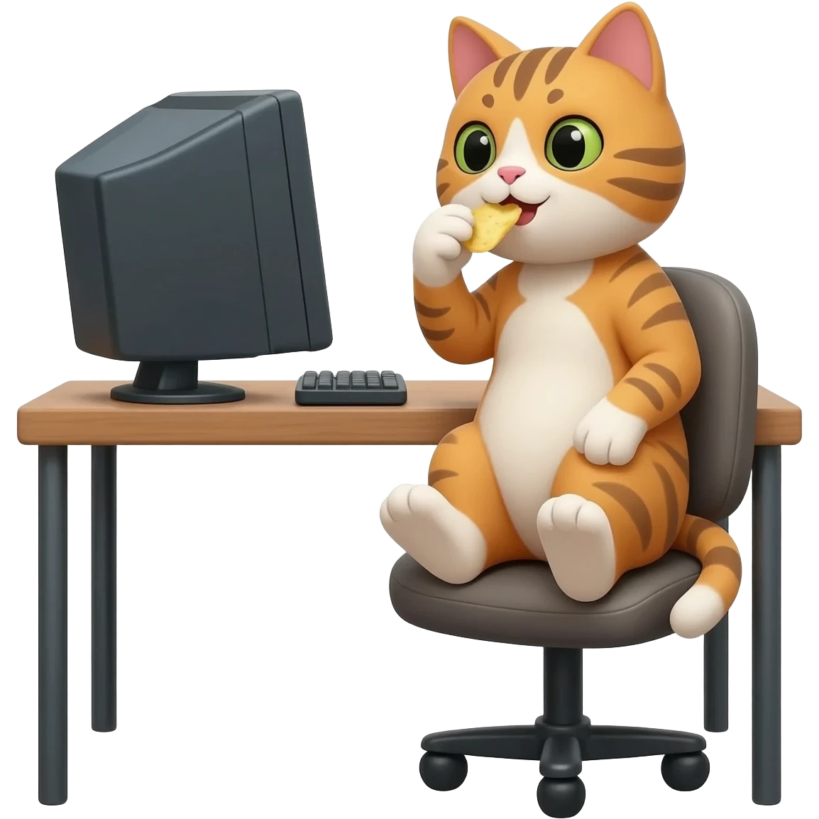 Я хочу кота сидящего за компьютером и он ест чипсы! emoji