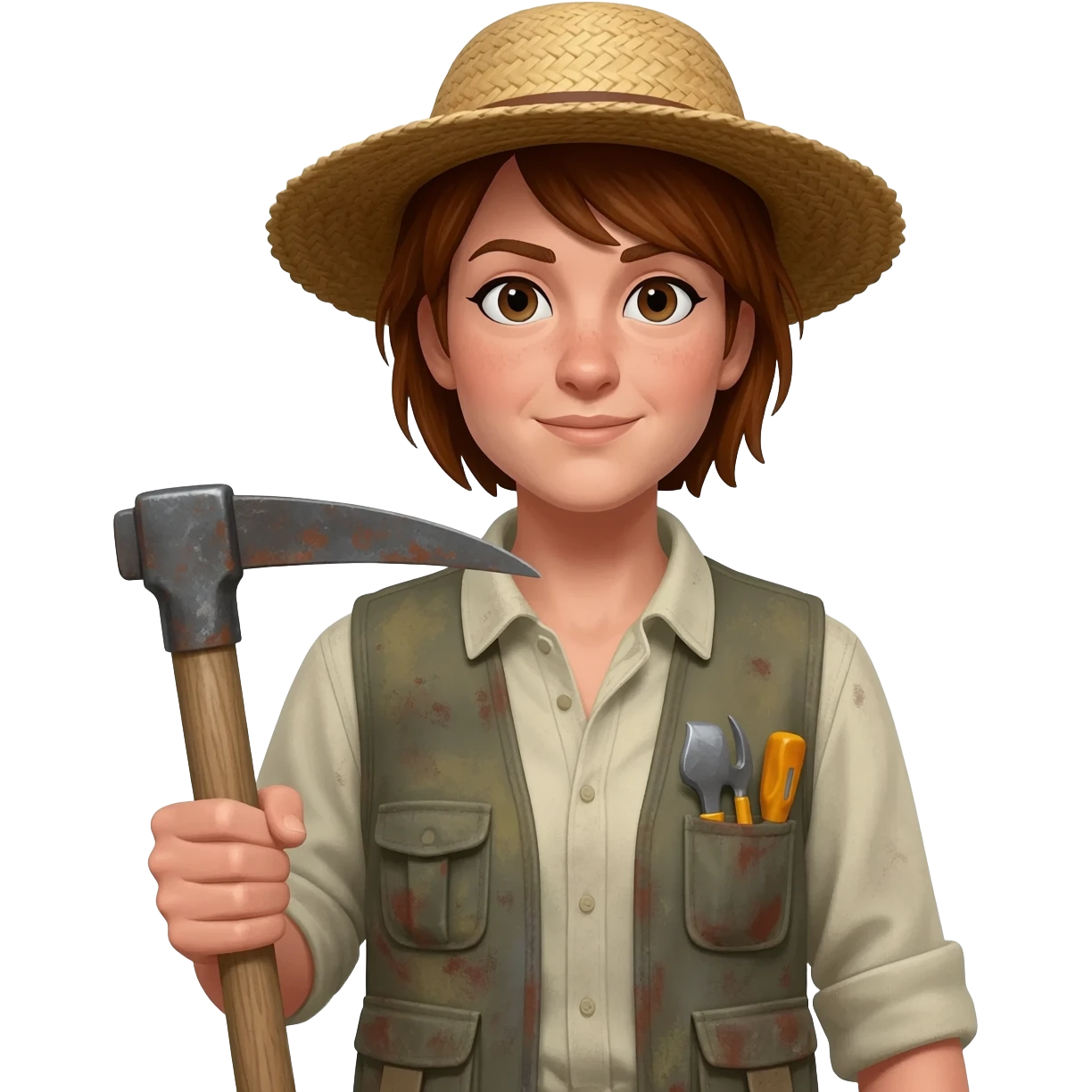 archaeologist with hat, vest, and mattock on her hand emoji