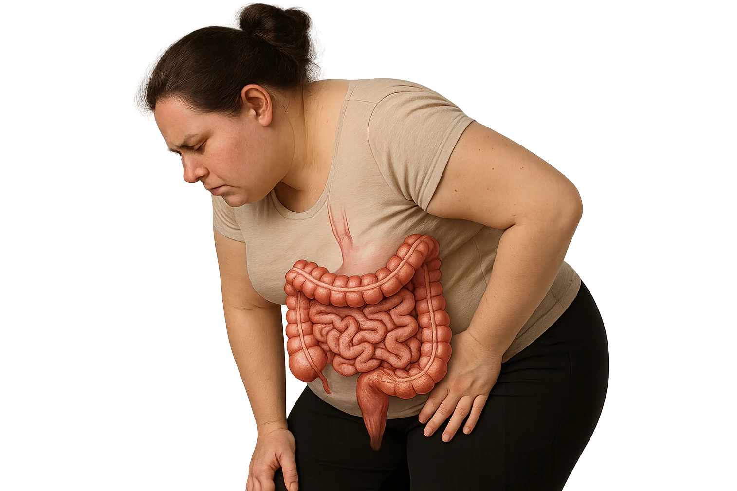 DONNA LEGGERMENTE SOVRAPPESO PIEGATA IN AVANTI CON INTESTINO ANATOMICO IN EVIDENZA, MAL DI PANCIA iperrealistico 4k emoji
