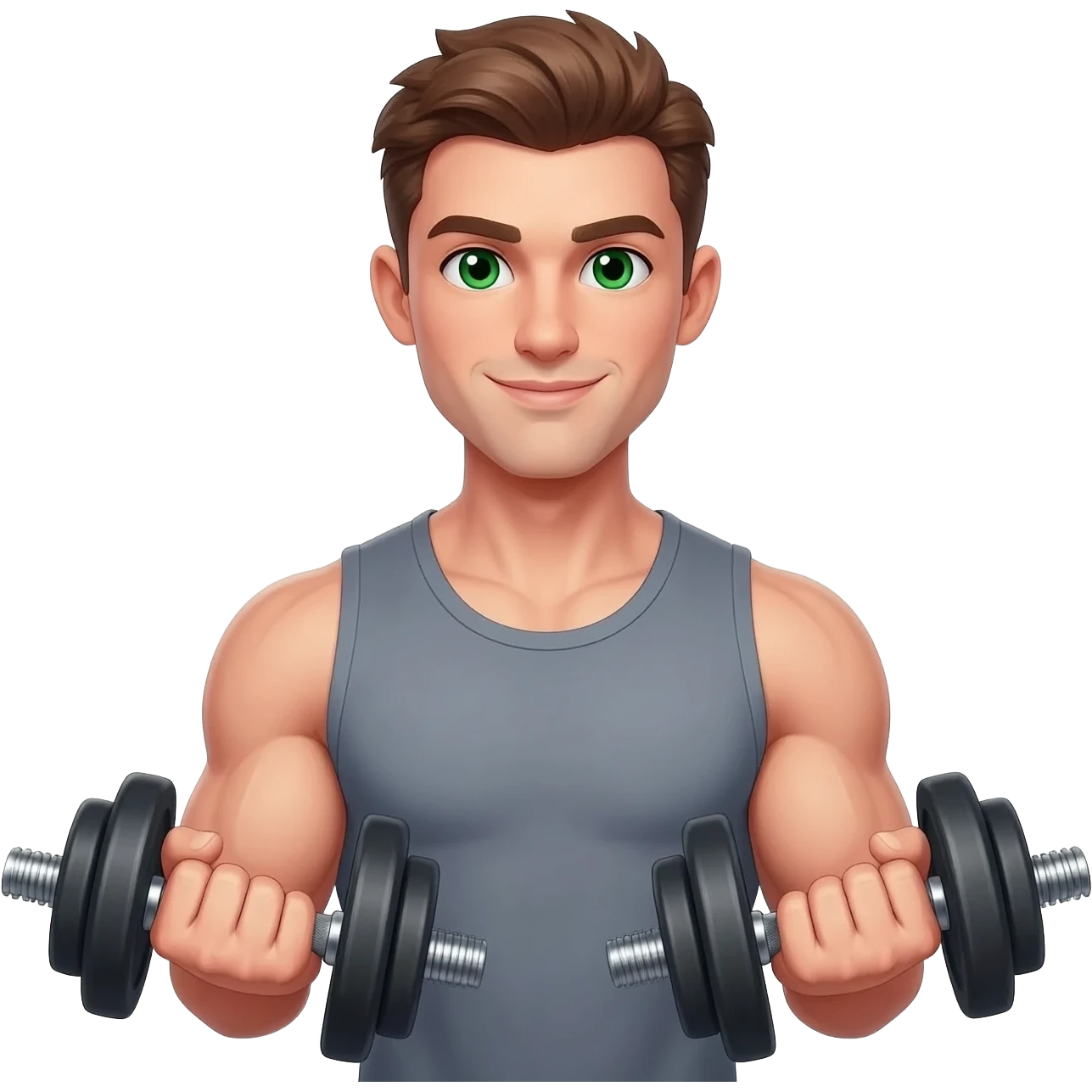 White beautiful fitness men with brown hair and green eyes with dumbbells in their hands emoji