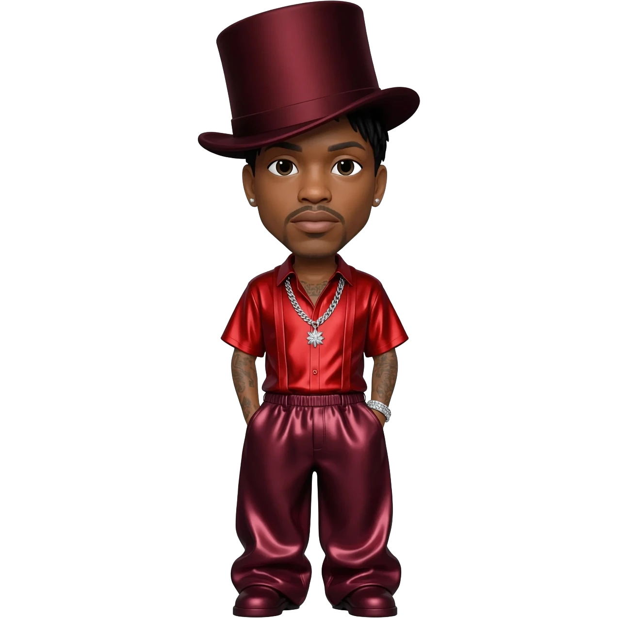 Ginuwine with black short hair, dark red top hat, red metallic shirt, burgundy metallic baggy pants, silver necklace emoji